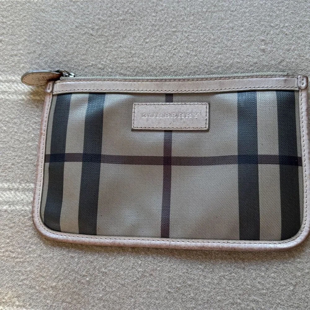 Burberry Check Canvas Zip Pouch with Leather Trim